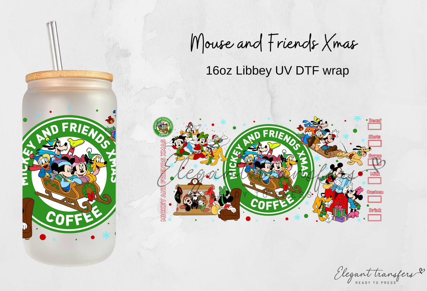 Mouse & Friends Xmas Wrap [UV DTF - 16oz Libbey Glass Can] | Ready to Apply | Physical Product | Transfer |