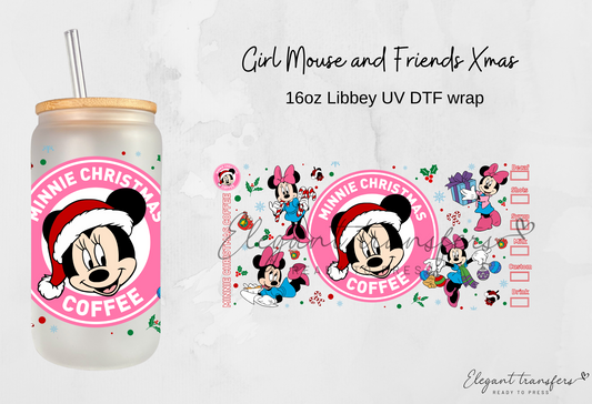 Girl Mouse & Friends Xmas Wrap [UV DTF - 16oz Libbey Glass Can] | Ready to Apply | Physical Product