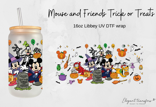 Mouse and Friends Trick or Treats Wrap [UV DTF - 16oz Libbey Glass Can] | Ready to Apply | Physical Product