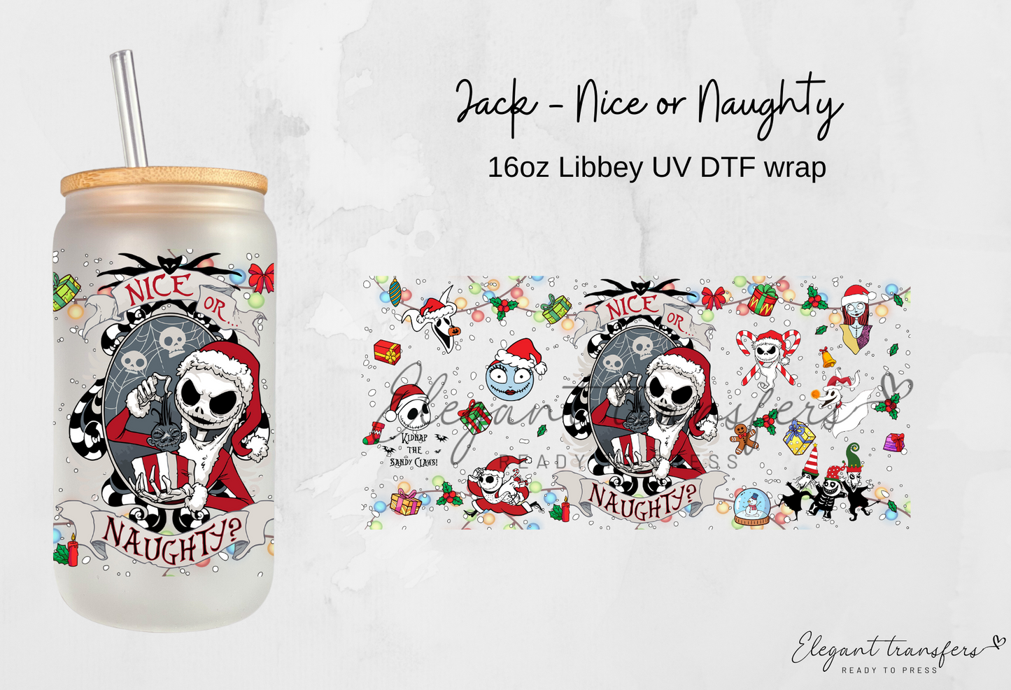 Jack - Nice or Naughty Wrap [UV DTF - 16oz Libbey Glass Can] | Ready to Apply | Physical Product | Transfer
