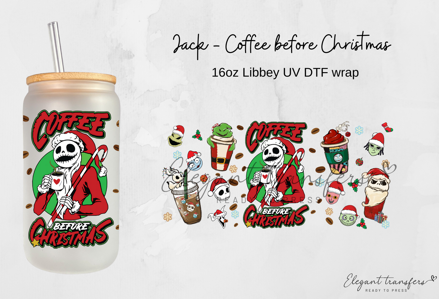 Jack - Coffee before Christmas Wrap [UV DTF - 16oz Libbey Glass Can] | Ready to Apply | Physical Product | Transfer