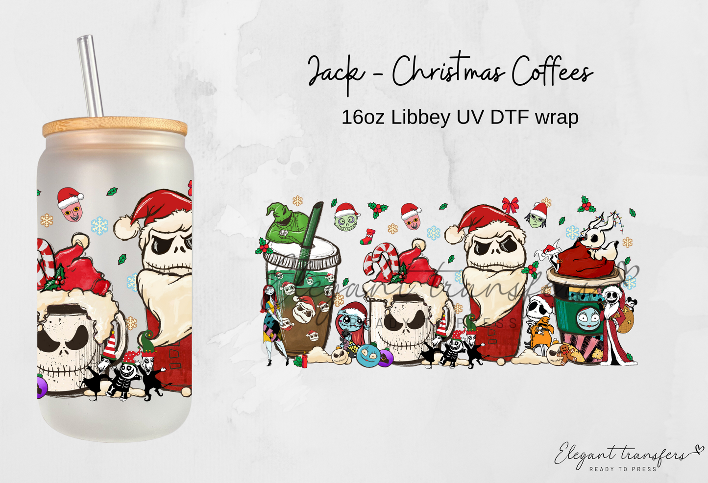 Jack - Christmas Coffees Wrap [UV DTF - 16oz Libbey Glass Can] | Ready to Apply | Physical Product |