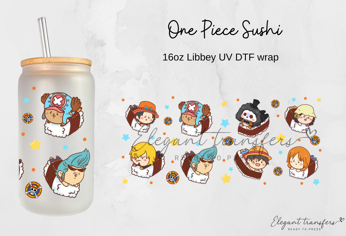 One Piece Sushi Wrap [EXCLUSIVE UV DTF - 16oz Libbey Glass Can] | Ready to Apply | Physical Item