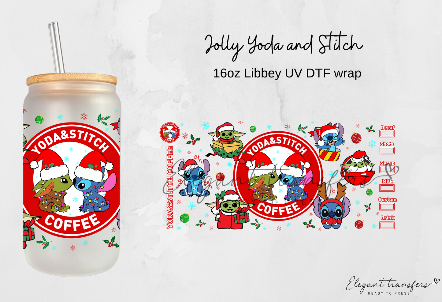 Jolly Yoda and Stitch Wrap [UV DTF - 16oz Libbey Glass Can] | Ready to Apply | Physical Product | Transfer