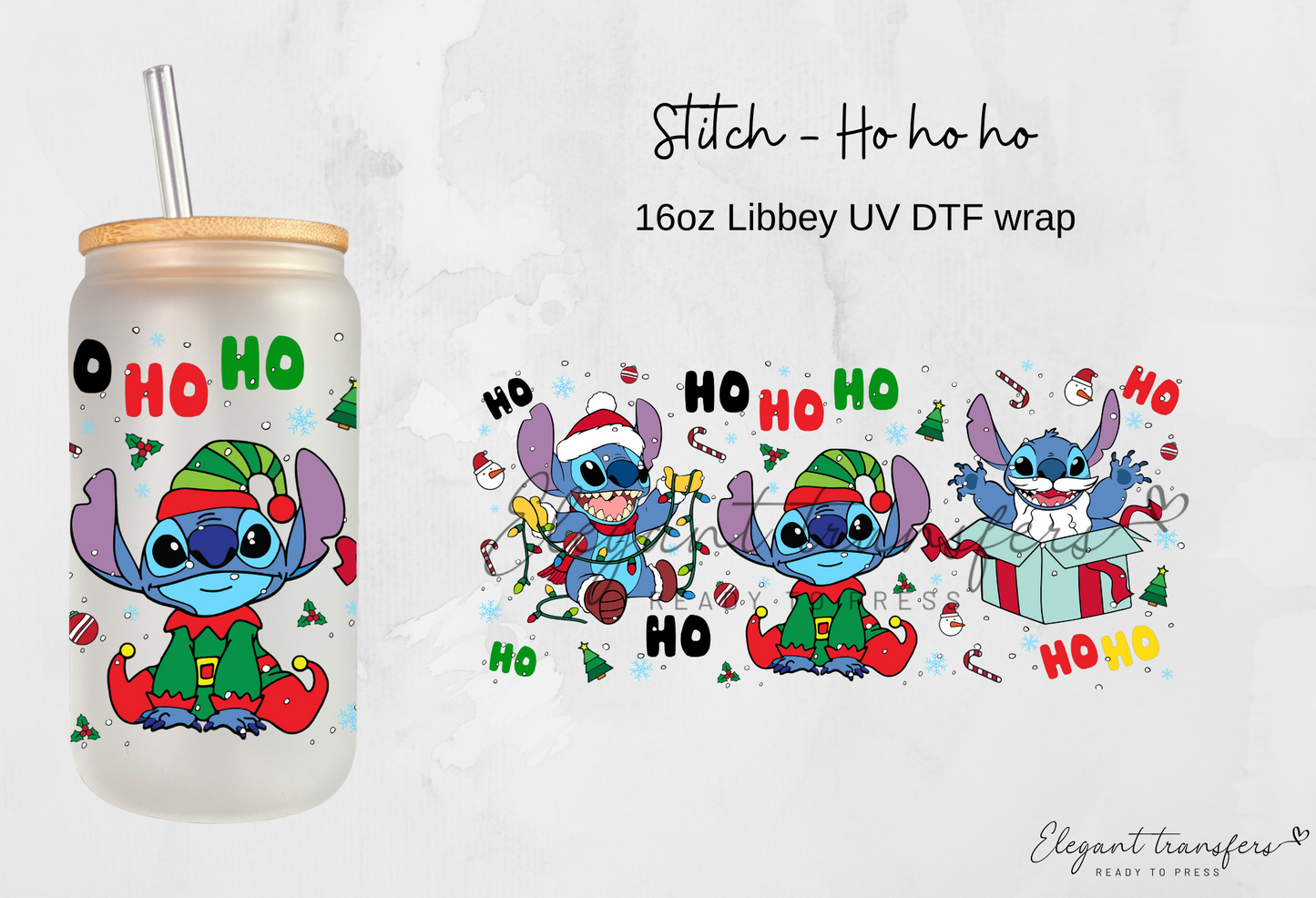Stitch - Ho ho ho Wrap [UV DTF - 16oz Libbey Glass Can] | Ready to Apply | This is a Physical Product | Transfer | Waterproof | Anti-scratch