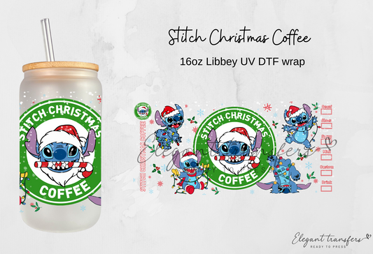 Stitch Jolly Coffee Wrap [UV DTF - 16oz Glass Can] | Ready to Apply | Physical Item