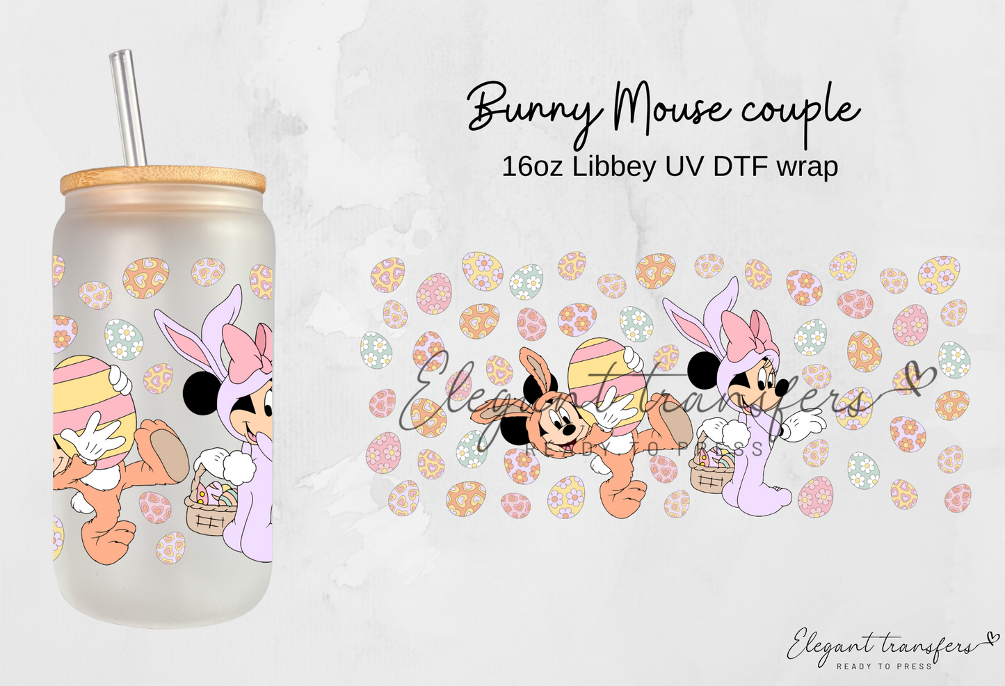 Bunny Mouse couple Wrap [UV DTF - 16oz Glass Can] | Ready to Apply | Physical Product | Transfer |