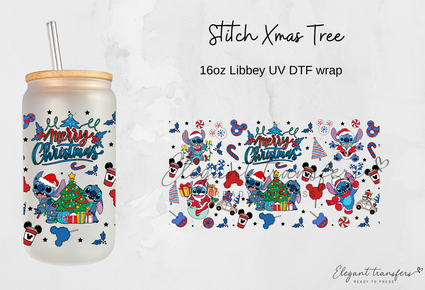 Stitch Xmas Tree Wrap [UV DTF - 16oz Libbey Glass Can] | Ready to Apply | This is a Physical Product | Transfer | Waterproof | Anti-scratch