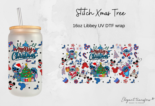 Stitch Xmas Tree Wrap [UV DTF - 16oz Libbey Glass Can] | Ready to Apply | This is a Physical Product | Transfer | Waterproof | Anti-scratch