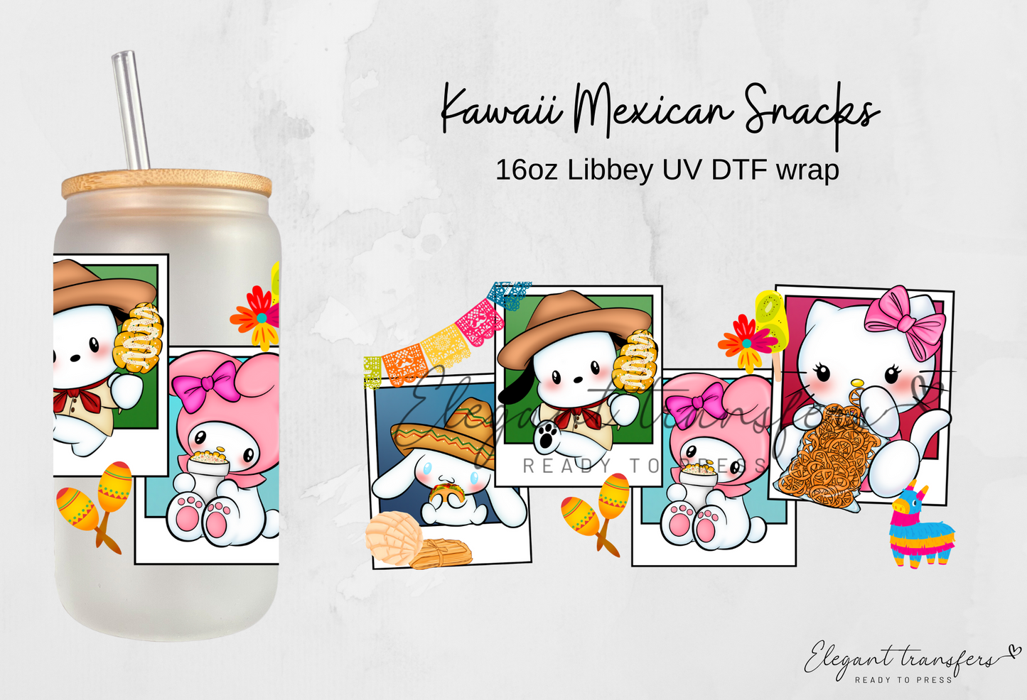 Kawaii Mexican Snacks wrap [UV DTF - 16oz Libbey Glass Can] | Ready to Apply | Physical Product