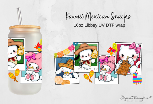 Kawaii Mexican Snacks wrap [UV DTF - 16oz Libbey Glass Can] | Ready to Apply | Physical Product