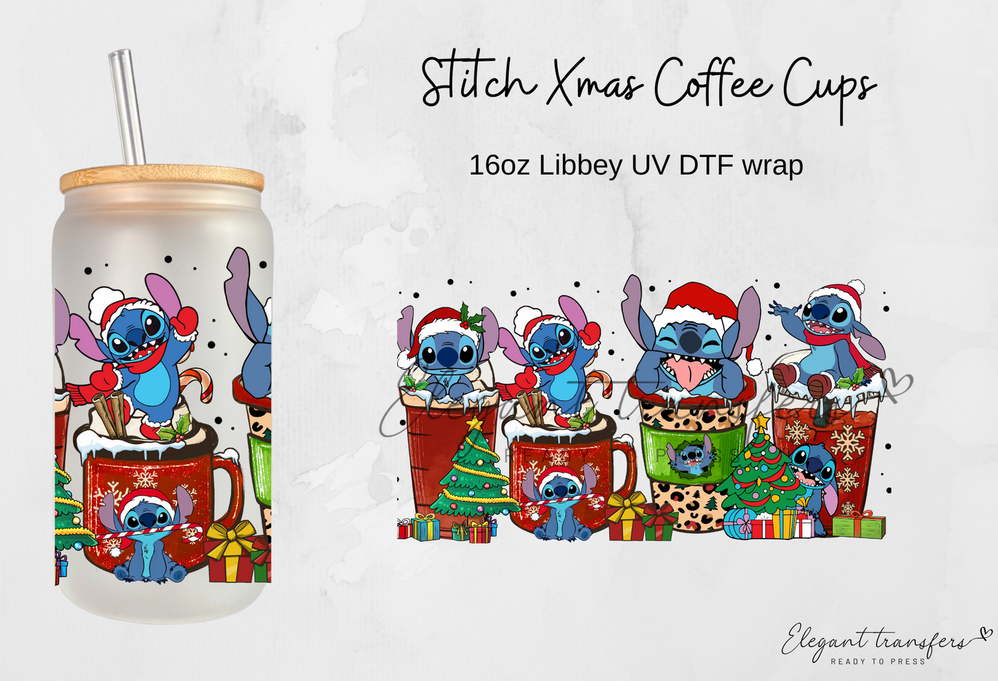 Stitch Xmas Coffee Wrap [UV DTF - 16oz Glass Can] | Ready to Apply | Physical Item