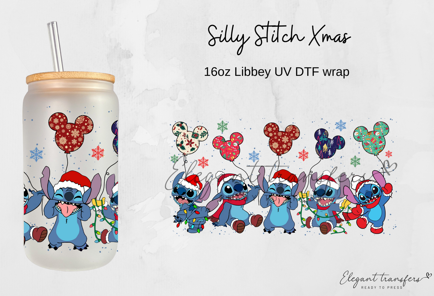 Silly Stitch Xmas Wrap [UV DTF - 16oz Libbey Glass Can] | Ready to Apply | This is a Physical Product | Transfer | Waterproof | Anti-scratch