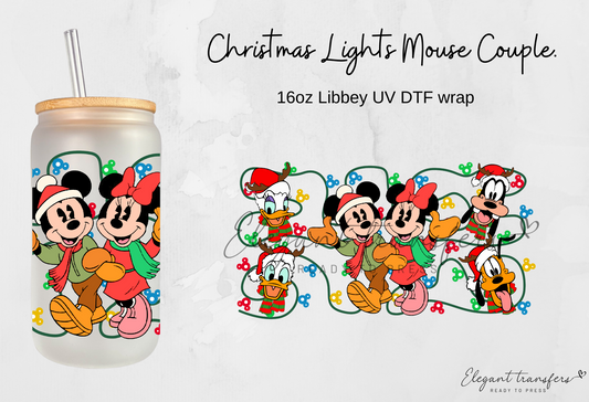 Christmas Lights Mouse Couple Wrap [UV DTF - 16oz Libbey Glass Can] | Ready to Apply | Physical Product | Transfer