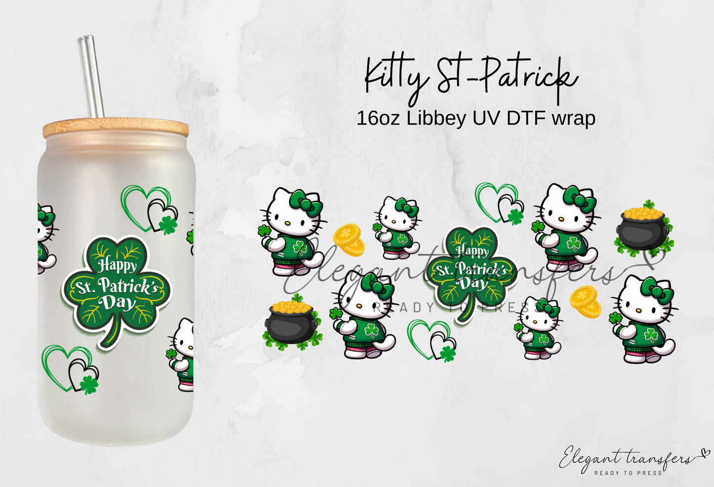 Kitty St-Patrick Wrap [UV DTF - 16oz Glass Can] | Ready to Apply | Physical Product | Transfer |