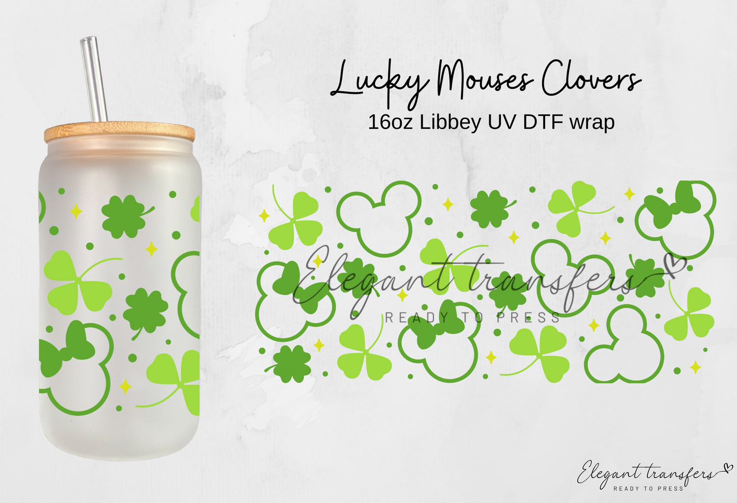 Lucky Mouses Clovers Wrap [UV DTF - 16oz Glass Can] | Ready to Apply | Physical Product | Transfer |