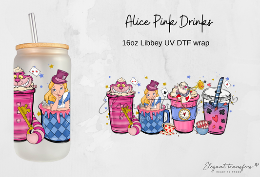 Alice Pink Drinks Wrap [UV DTF - 16oz Libbey Glass Can] | Ready to Apply | Physical Product | Transfer