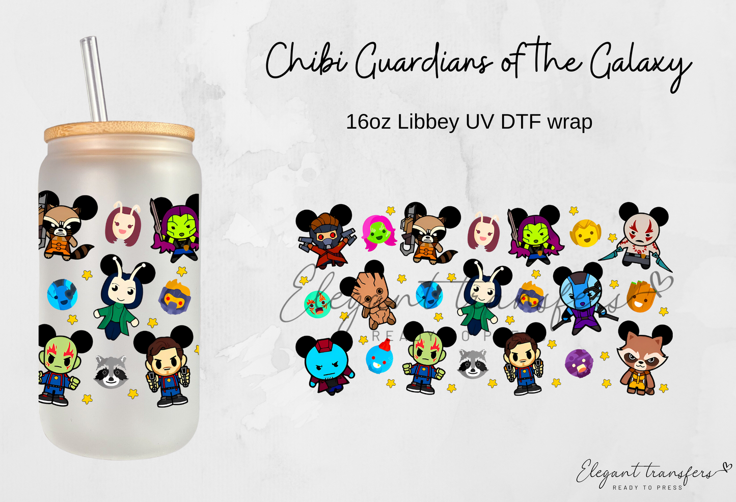 Chibi Guardians of the Galaxy Wrap [UV DTF - 16oz Libbey Glass Can] | Ready to Apply | Physical Product | Transfer