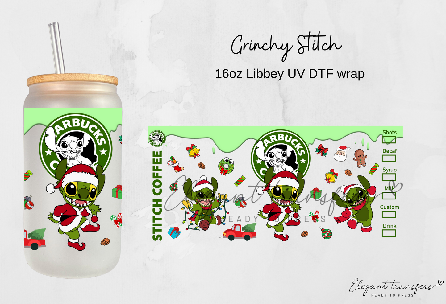 Grinchy Stitch Wrap [UV DTF - 16oz Libbey Glass Can] | Ready to Apply | Physical Product | Transfer