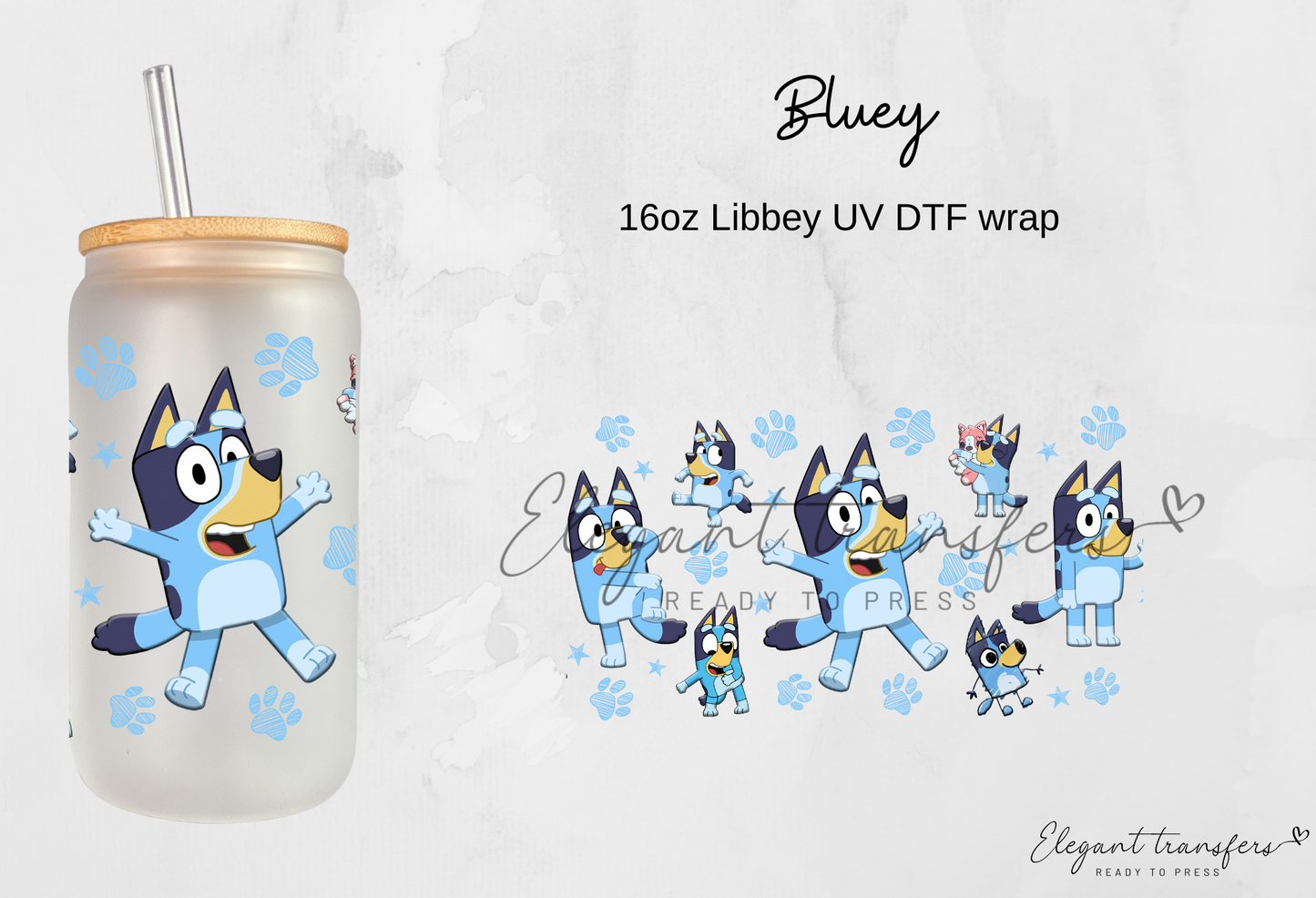 Bluey Cup Wrap [UV DTF - 16oz Libbey Glass Can] | Ready to Apply | Physical Product | Transfer