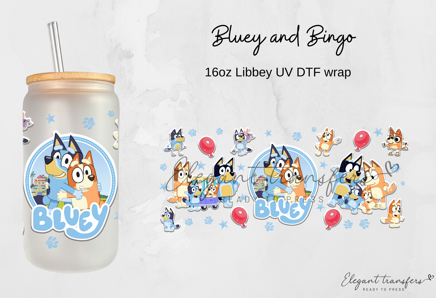 Bluey and Bingo Cup Wrap [UV DTF - 16oz Libbey Glass Can] | Ready to Apply | Physical Product | Transfer