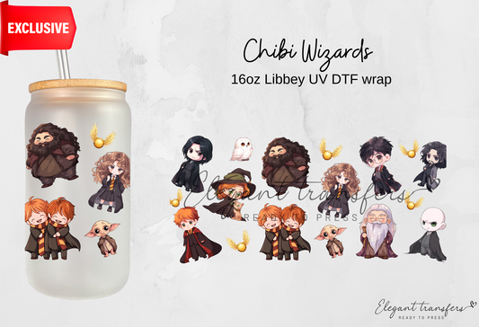 Chibi Wizards wrap [EXCLUSIVE UV DTF - 16oz Libbey Glass Can] | Ready to Apply | Physical Product