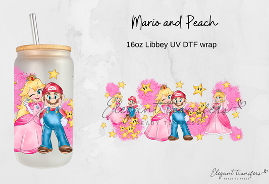 Mario and Peach Cup Wrap [UV DTF - 16oz Libbey Glass Can] | Ready to Apply | Physical Product