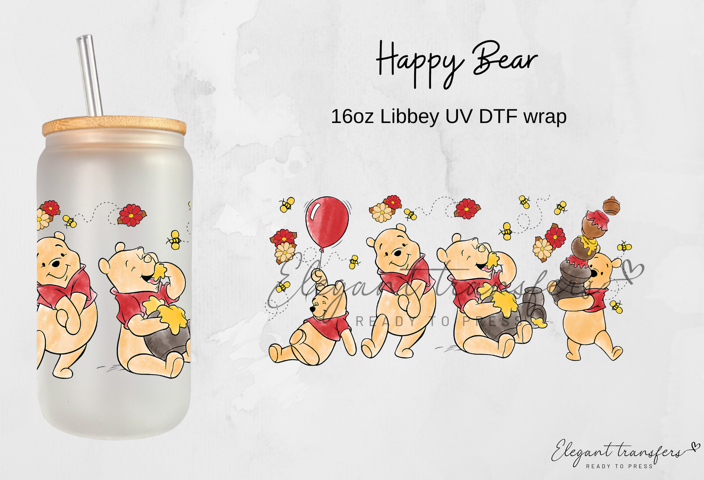 Happy Bear Cup Wrap [UV DTF - 16oz Libbey Glass Can] | Ready to Apply | Physical Product | Transfer