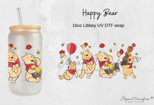 Happy Bear Cup Wrap [UV DTF - 16oz Libbey Glass Can] | Ready to Apply | Physical Product | Transfer