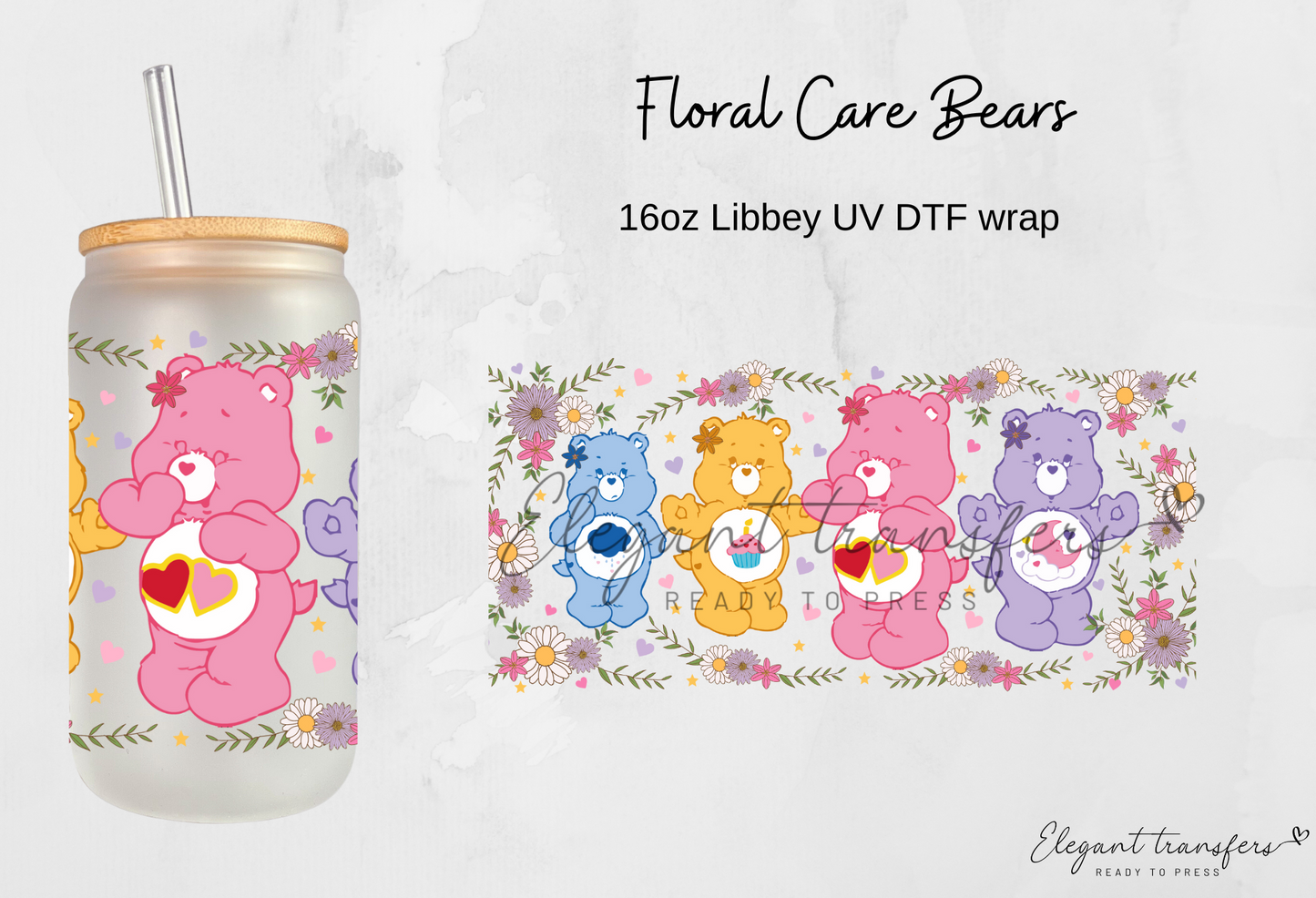 Floral Care Bears Cup Wrap [UV DTF - 16oz Libbey Glass Can] | Ready to Apply | Physical Product | Transfer