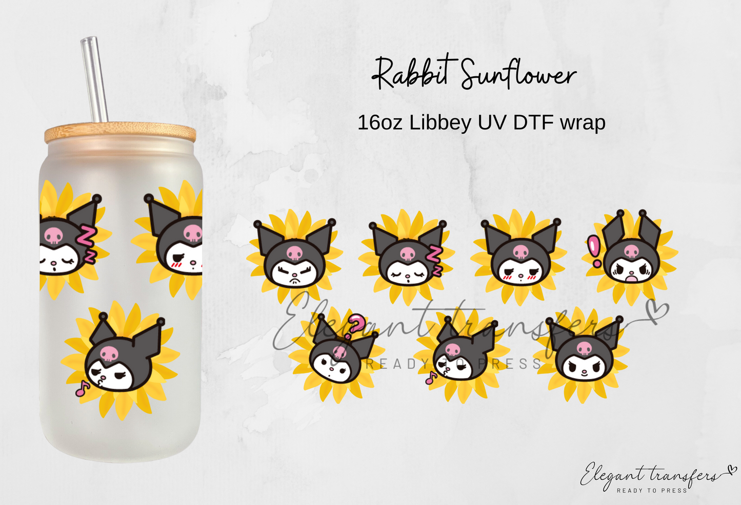 Rabbit Sunflower Wrap [UV DTF - 16oz Libbey Glass Can] | Ready to Apply | Physical Product