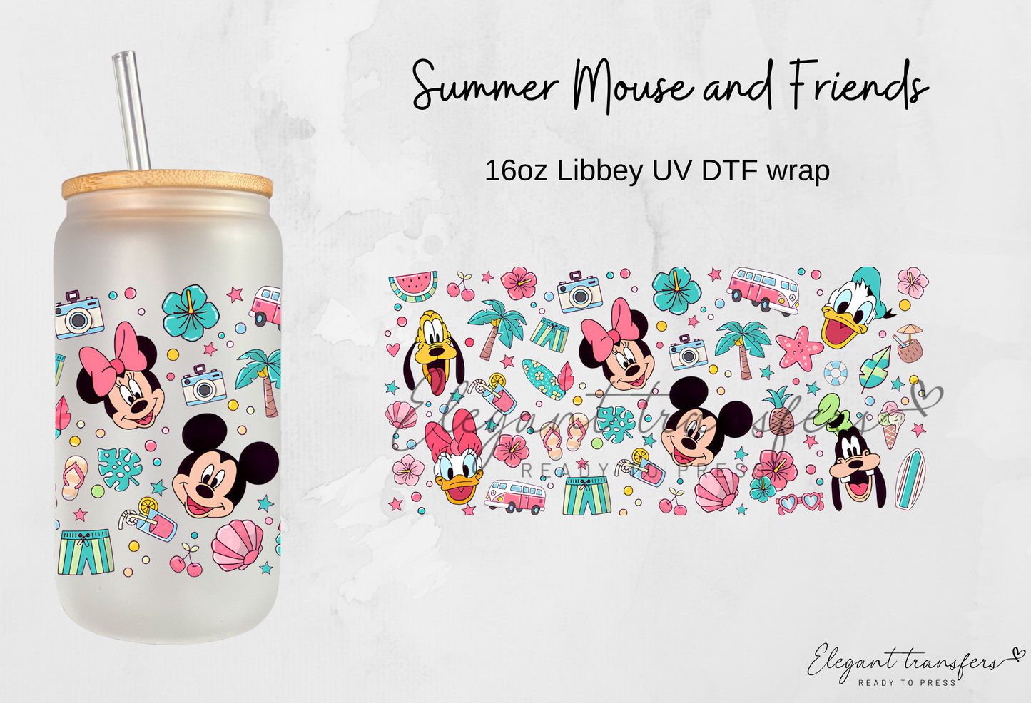 Summer Mouse & Friends Wrap [UV DTF - 16oz Libbey Glass Can] | Ready to Apply | Physical Item