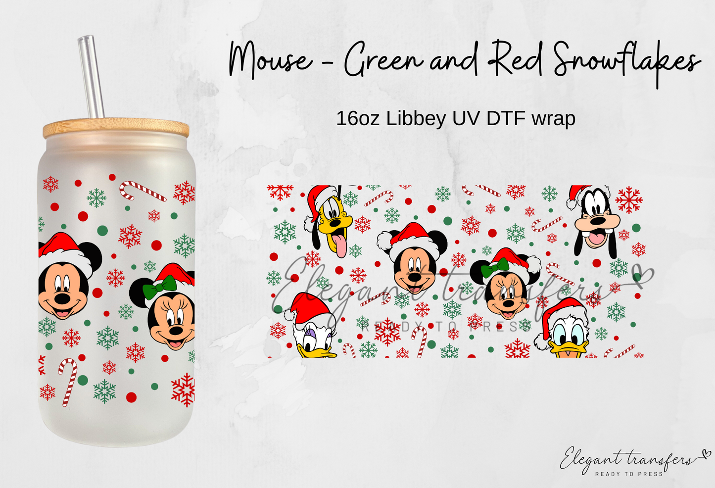 Mouse - Green and Red Snowflakes Cup Wrap [UV DTF - 16oz Libbey Glass Can] | Ready to Apply | Physical Product