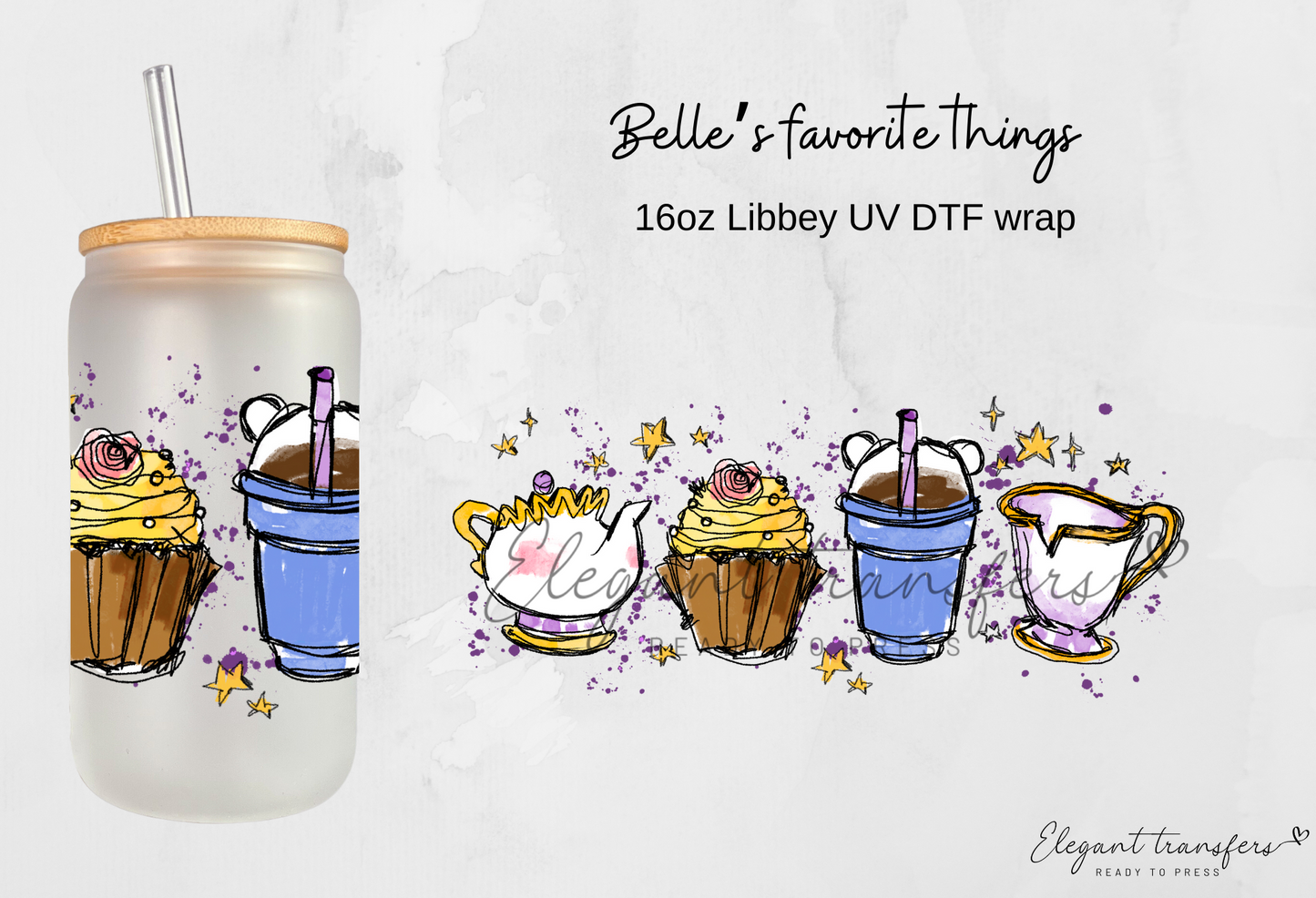 Belle’s favorite things Wrap [UV DTF - 16oz Libbey Glass Can] | Ready to Apply | Physical Product | Transfer