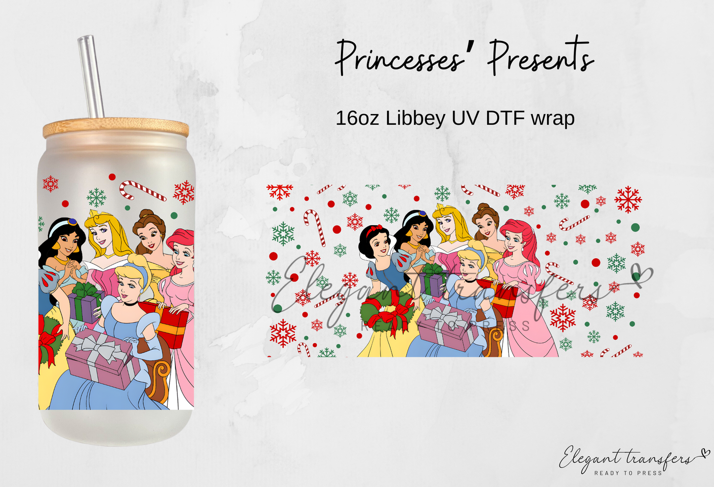 Princesses’ Presents Wrap [UV DTF - 16oz Libbey Glass Can] | Ready to Apply | Physical Item