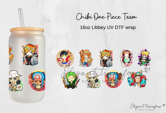 Chibi Anime Pirate Team Wrap [UV DTF - 16oz Libbey Glass Can] | Ready to Apply | Physical Product | Transfer