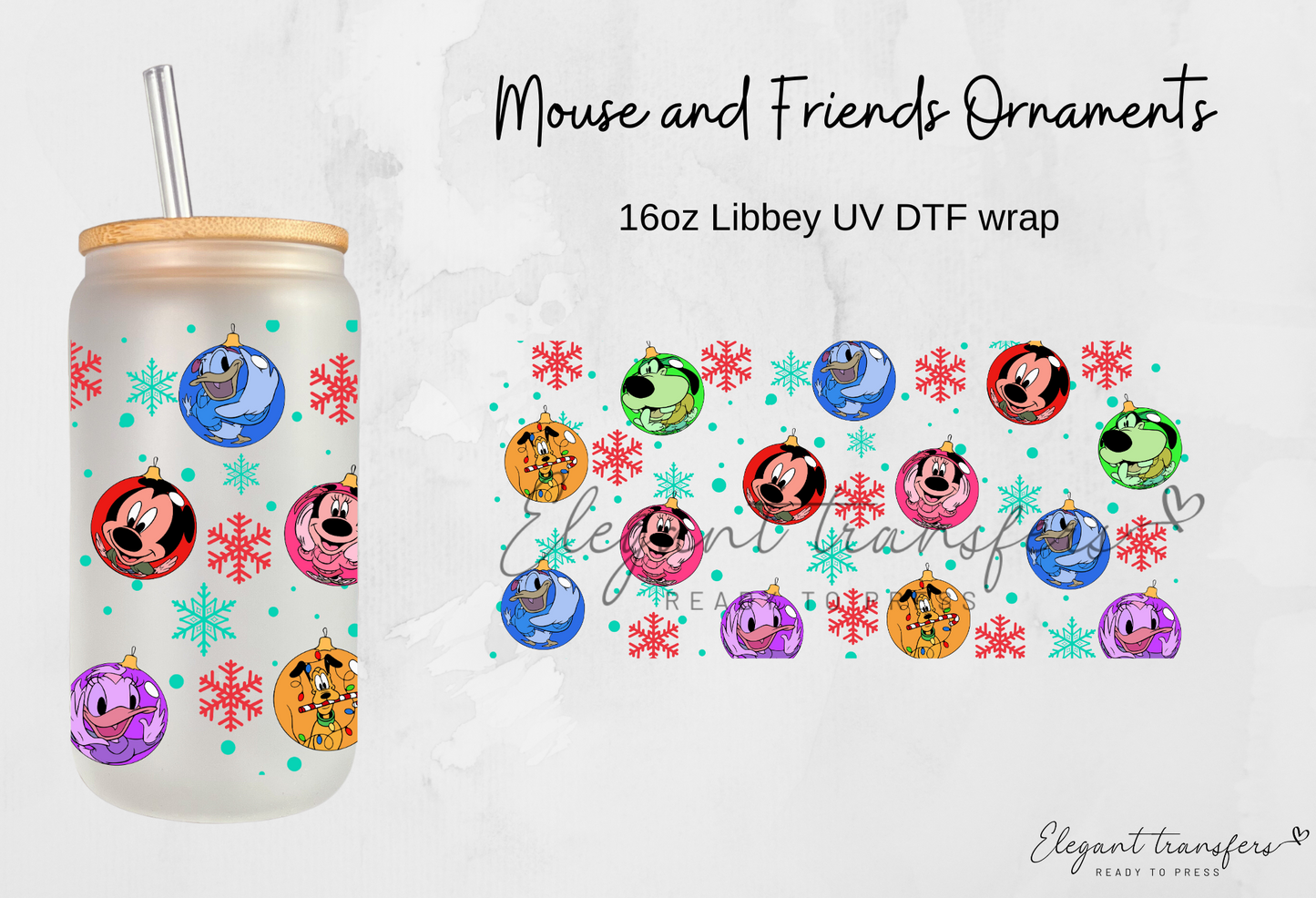 Mouse and Friends Ornaments Cup Wrap [UV DTF - 16oz Libbey Glass Can] | Ready to Apply | Physical Product