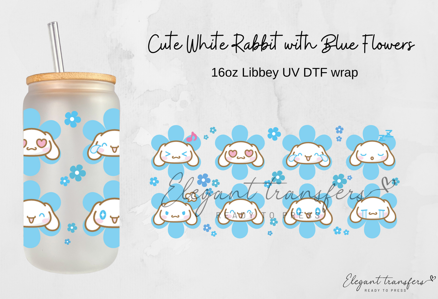 Cute Rabbit with Blue Flowers Wrap [UV DTF - 16oz Libbey Glass Can] | Ready to Apply | Physical Product