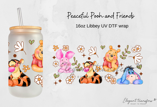 Peaceful Pooh & Friends Wrap [UV DTF - 16oz Libbey Glass Can] | Ready to Apply | Physical Item