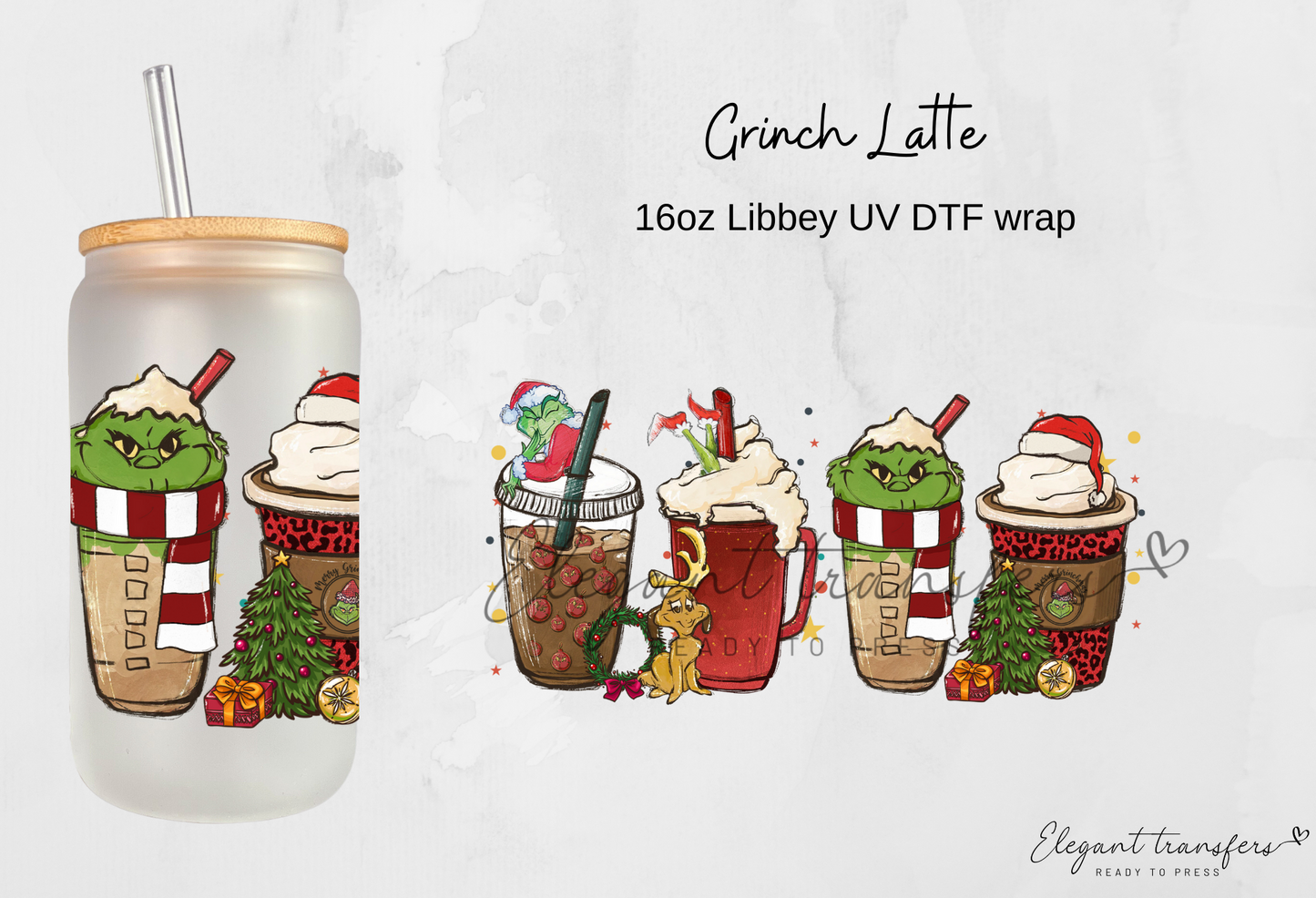 Grinch Latte Wrap [UV DTF - 16oz Libbey Glass Can] | Ready to Apply | Physical Product | Transfer