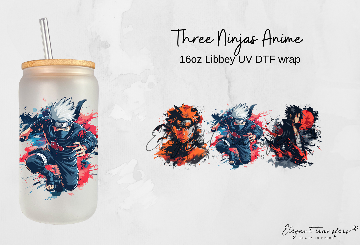 Three Ninjas Anime Wrap [UV DTF - 16oz Libbey Glass Can] | Ready to Apply | Physical Product | Transfer