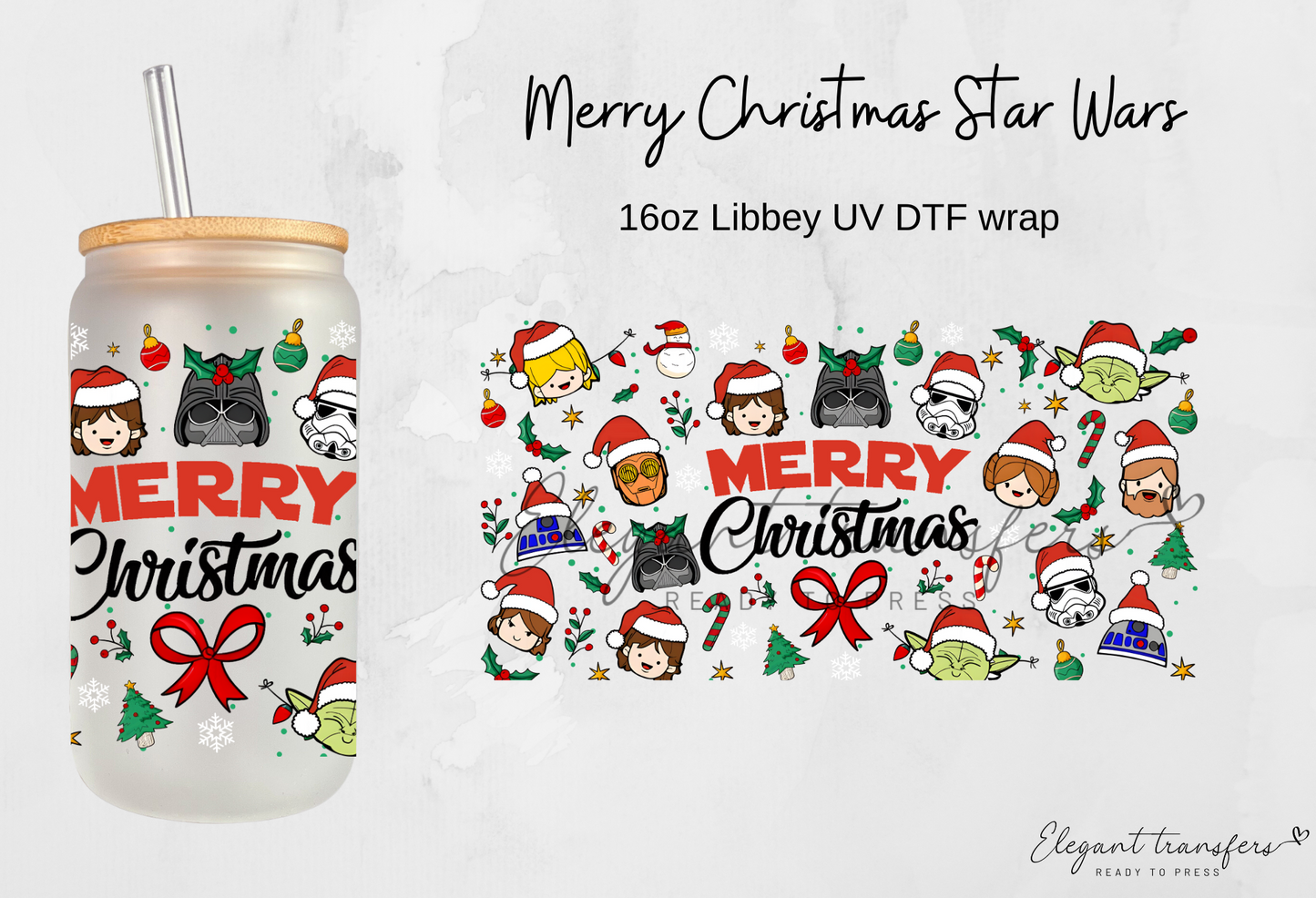 Merry Christmas Star Wars Wrap [UV DTF - 16oz Libbey Glass Can] | Ready to Apply | Physical Item