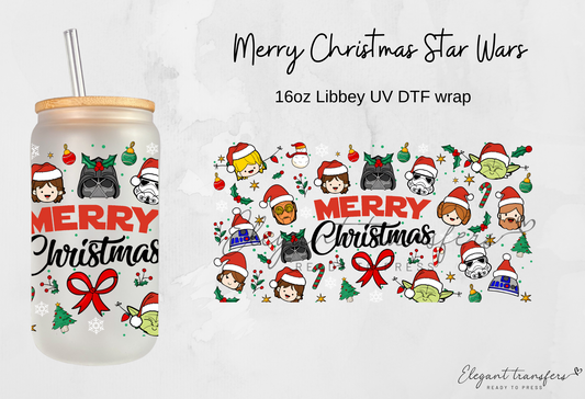 Merry Christmas Star Wars Wrap [UV DTF - 16oz Libbey Glass Can] | Ready to Apply | Physical Item