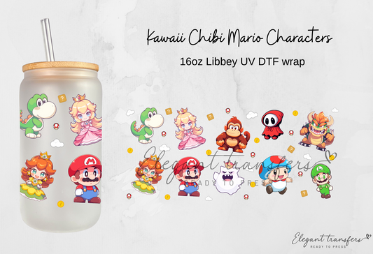 Kawaii Chibi Mario Characters Wrap [EXCLUSIVE UV DTF - 16oz Libbey Glass Can] | Ready to Apply | Physical Product