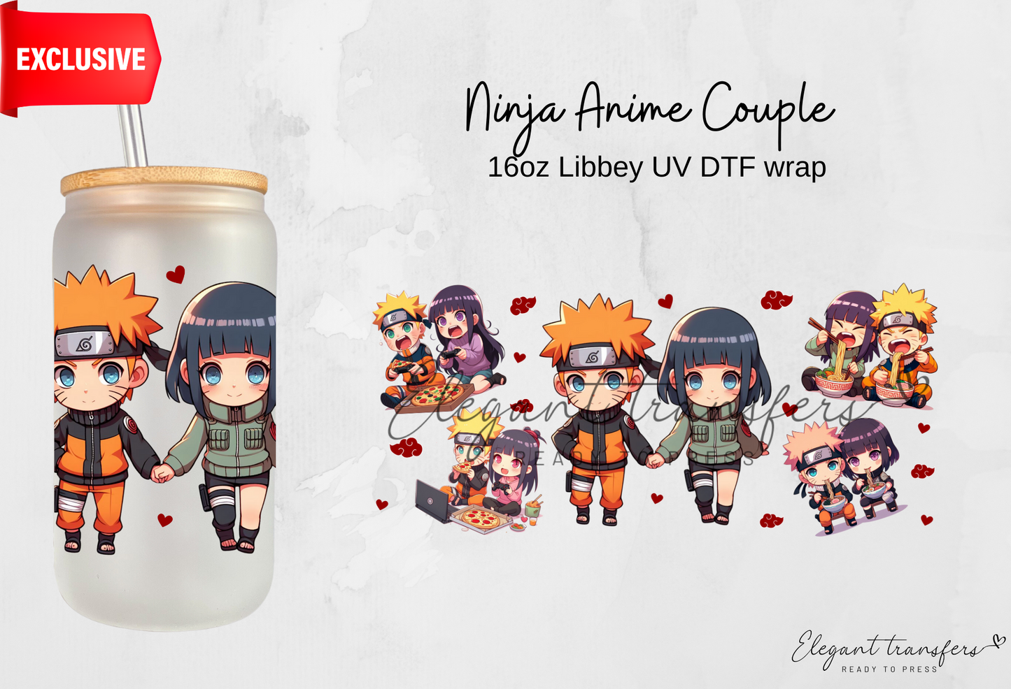 Ninja Anime Couple wrap [EXCLUSIVE UV DTF - 16oz Libbey Glass Can] | Ready to Apply | Physical Product