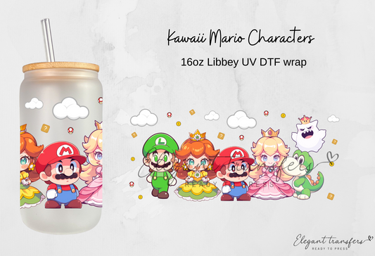 Kawaii Mario Characters Wrap [EXCLUSIVE UV DTF - 16oz Libbey Glass Can] | Ready to Apply | Physical Product