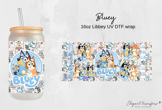 Bluey  Wrap [UV DTF - 16oz Libbey Glass Can] | Ready to Apply | Physical Product | Transfer