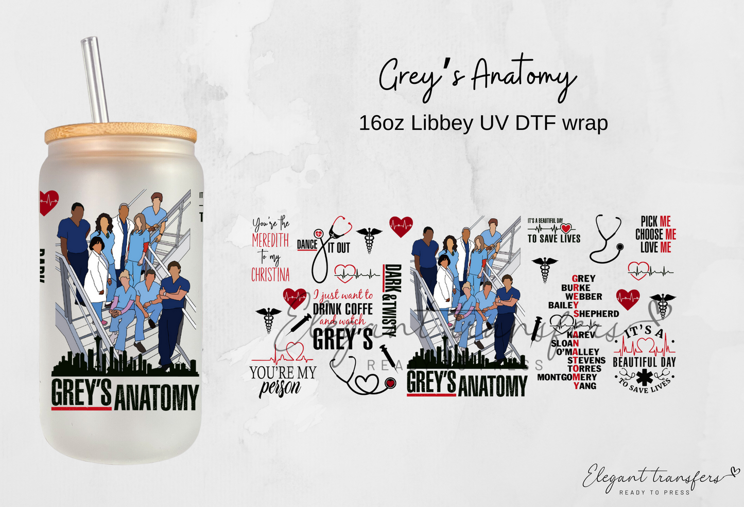 Grey’s Anatomy Wrap [UV DTF - 16oz Libbey Glass Can] | Ready to Apply | Physical Product | Transfer