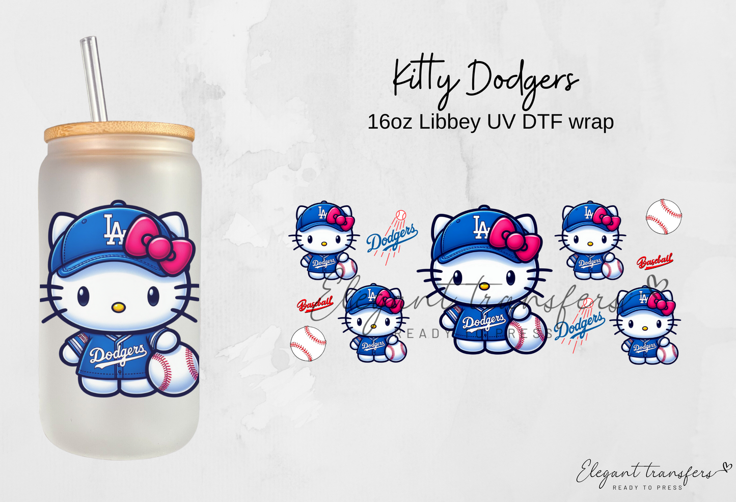 Kitty Dodgers Wrap [UV DTF - 16oz Libbey Glass Can] | Ready to Apply | Physical Product | Transfer