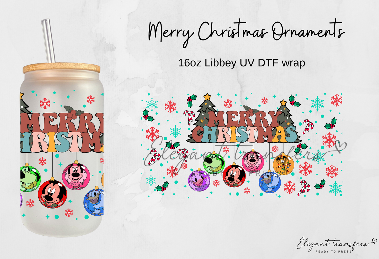 Merry Christmas Ornaments Cup Wrap [UV DTF - 16oz Libbey Glass Can] | Ready to Apply | Physical Product